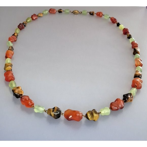 Vintage Signed LES BERNARD   Nat Stone Necklace Tigers Eye Jade Carnelian 36 in - Picture 2 of 9